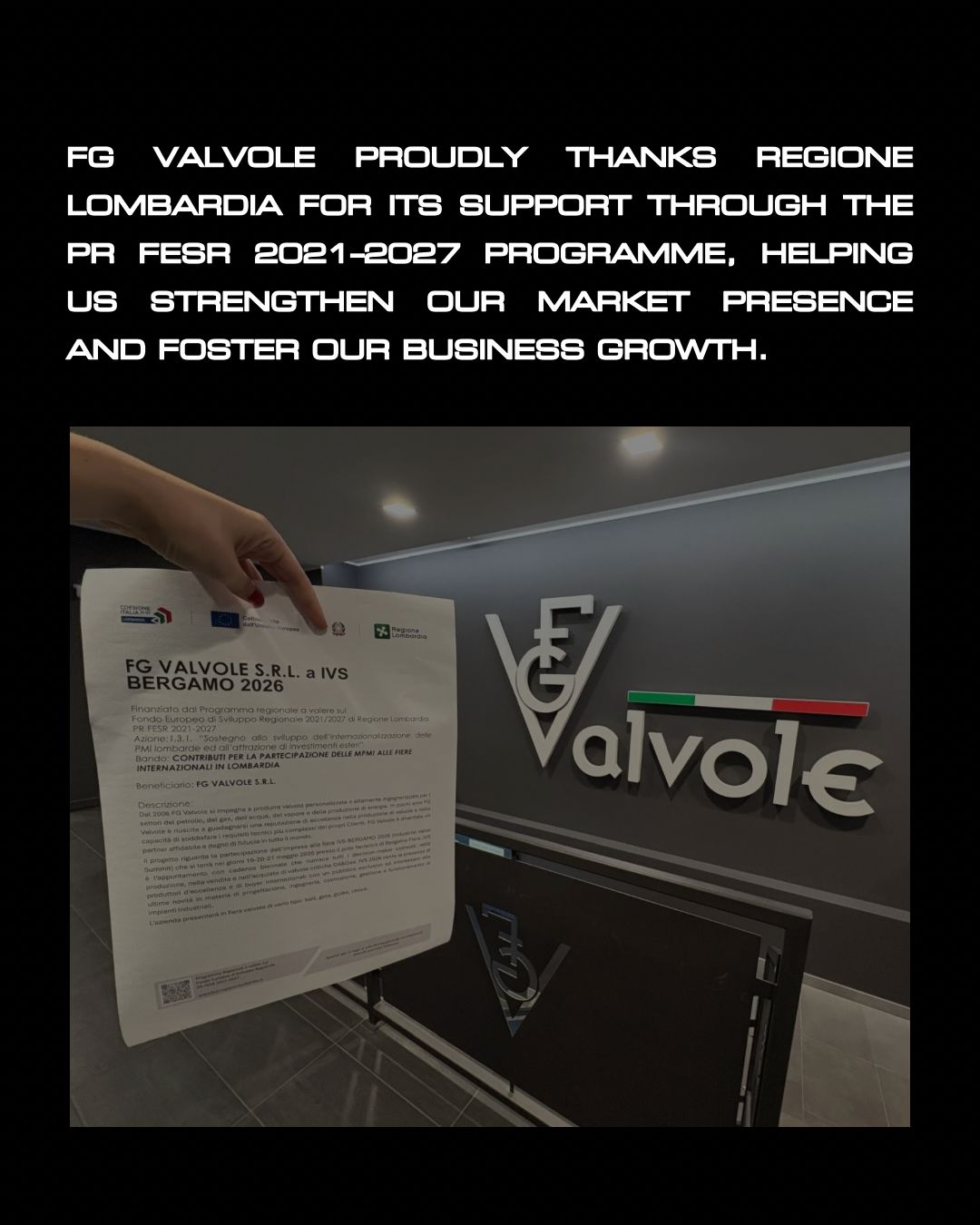 FG Valvole proudly thanks Regione Lombardia for its support through the PR FESR 2021–2027 Programme